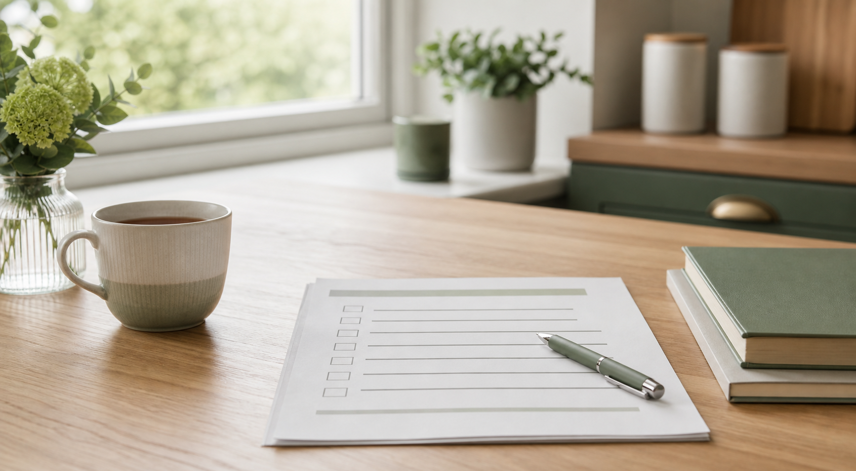 A calm desk scene with a checklist, pen and cup of tea
